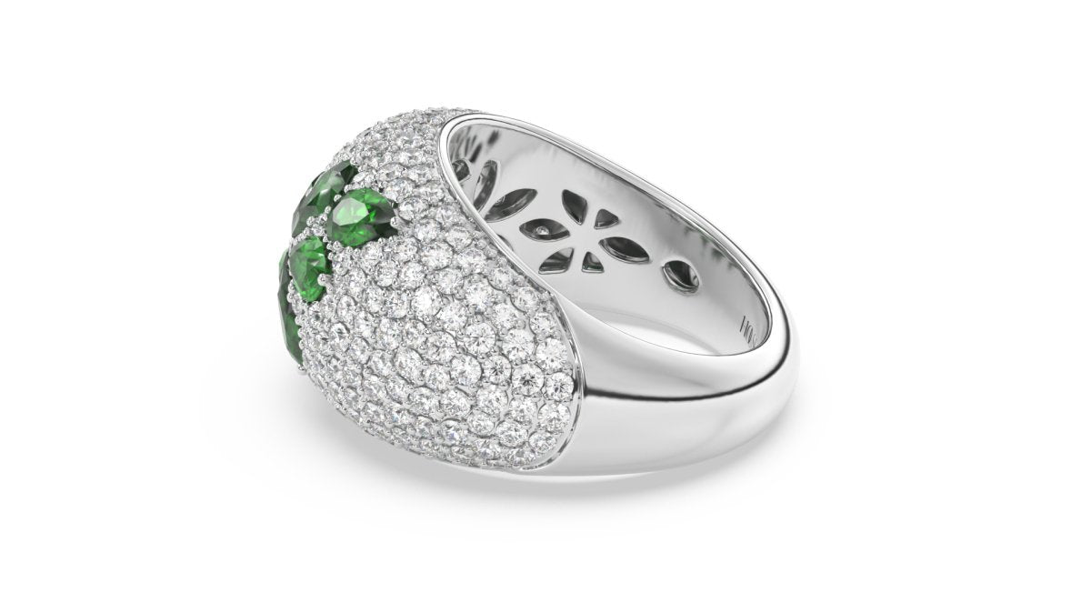 Rings Floral Bubble Diamond Ring With Green Emeralds in Yellow Gold - HOUSE PRESTON